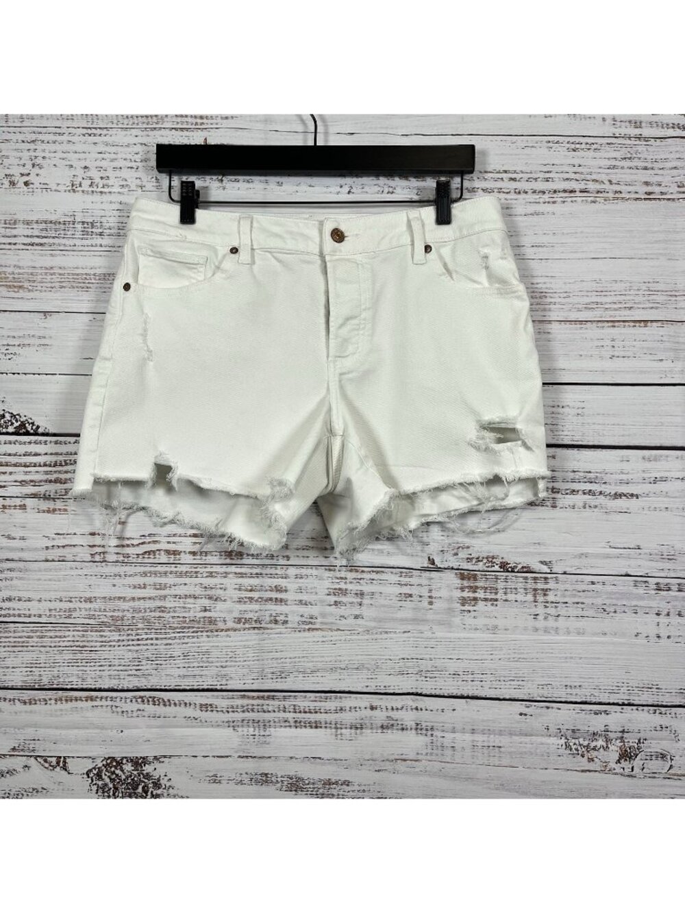 Express White Boyfriend Button Fly Distressed Raw Hem Shorts